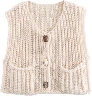 Womens Crop Knit Sweater Vest Top Gold Button Down Crochet Vest Sleeveless Chunky Sweater Cardigan with Pockets