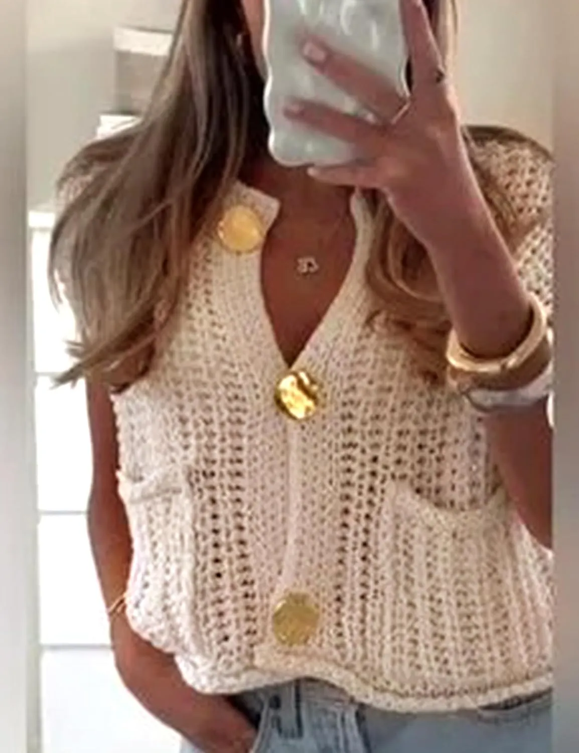 Womens Crop Knit Sweater Vest Top Gold Button Down Crochet Vest Sleeveless Chunky Sweater Cardigan with Pockets
