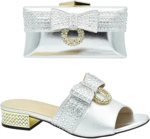 Womens Crystal Bow Matching Shoes and Bag Set for Wedding Nigerian Rhinestone High Heels Solid Rhinestone Handbags