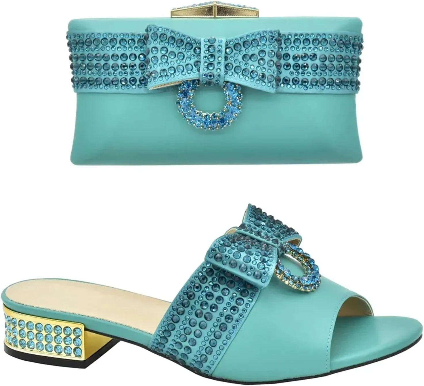 Womens Crystal Bow Matching Shoes and Bag Set for Wedding Nigerian Rhinestone High Heels Solid Rhinestone Handbags