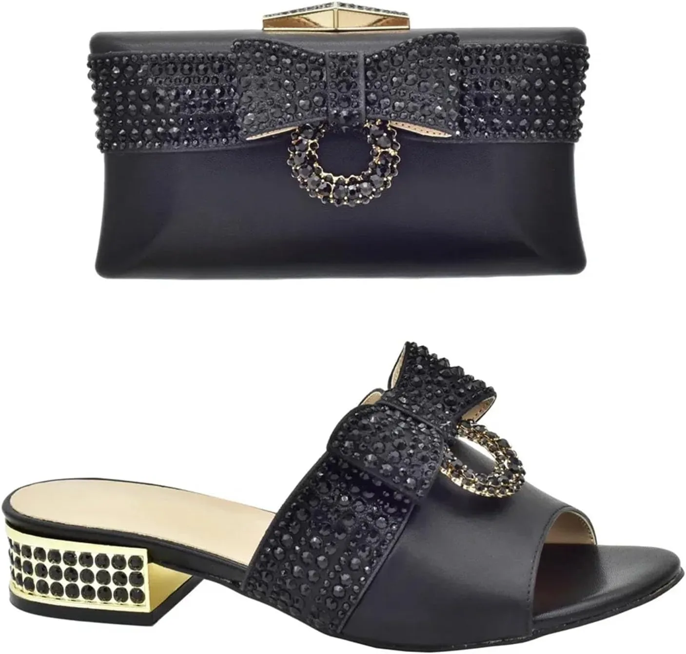 Womens Crystal Bow Matching Shoes and Bag Set for Wedding Nigerian Rhinestone High Heels Solid Rhinestone Handbags