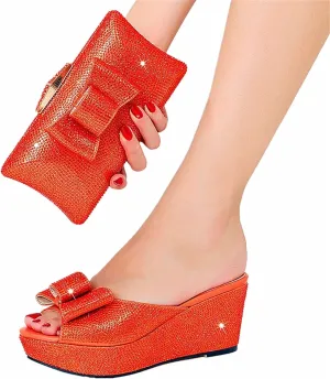 Women's Crystal Dinner Shoe Bag Suit Rhinestone Bow High Heel Platform Plus Size Slippers Rhinestone Party Clutch