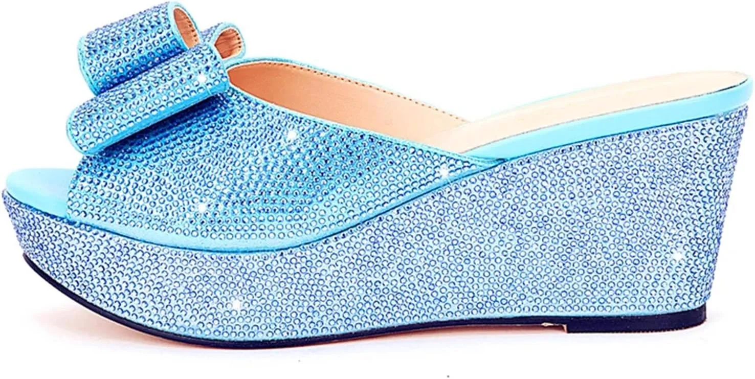 Women's Crystal Dinner Shoe Bag Suit Rhinestone Bow High Heel Platform Plus Size Slippers Rhinestone Party Clutch