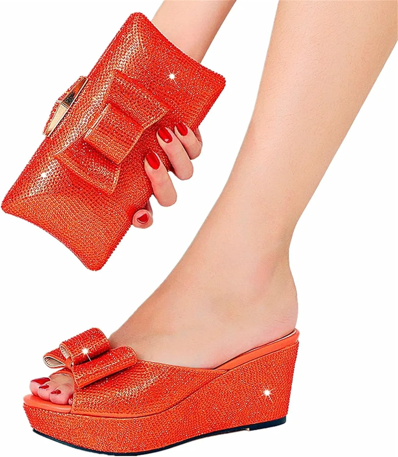 Women's Crystal Dinner Shoe Bag Suit Rhinestone Bow High Heel Platform Plus Size Slippers Rhinestone Party Clutch