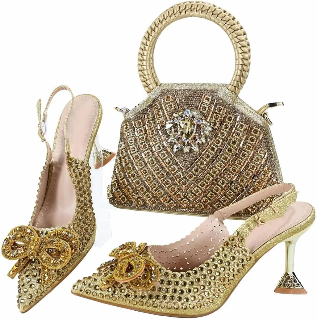 Women’S Crystal Shoes and Bag Set for Party Pointed Toe Super High Heels Slingbacks Pumps