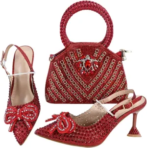 Women’S Crystal Shoes and Bag Set for Party Pointed Toe Super High Heels Slingbacks Pumps