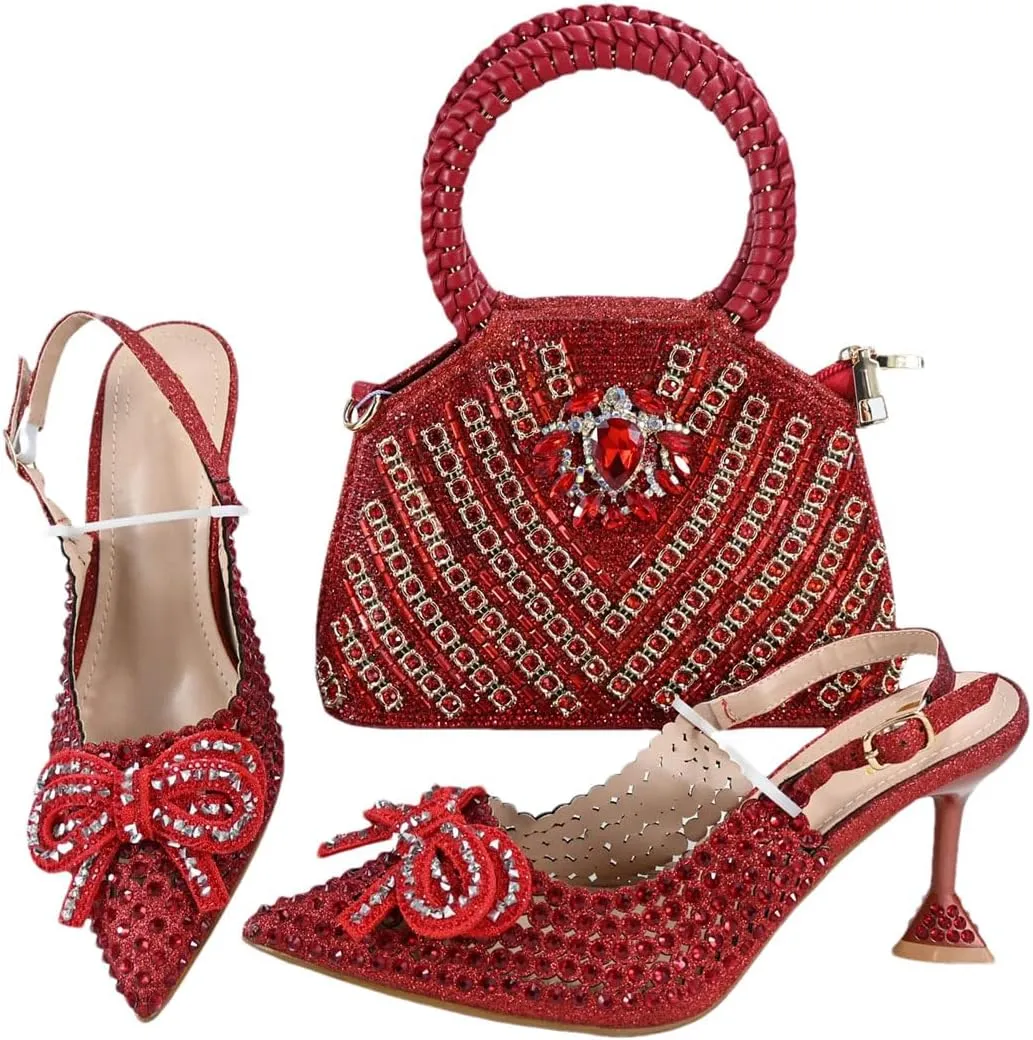 Women’S Crystal Shoes and Bag Set for Party Pointed Toe Super High Heels Slingbacks Pumps
