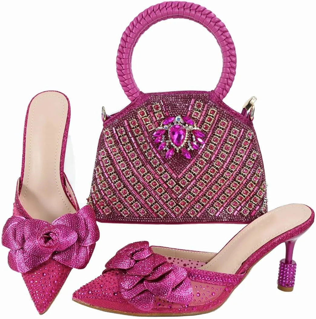 Women’S Crystal Shoes and Bag Set for Party Pointed Toe Super High Heels Slingbacks Pumps