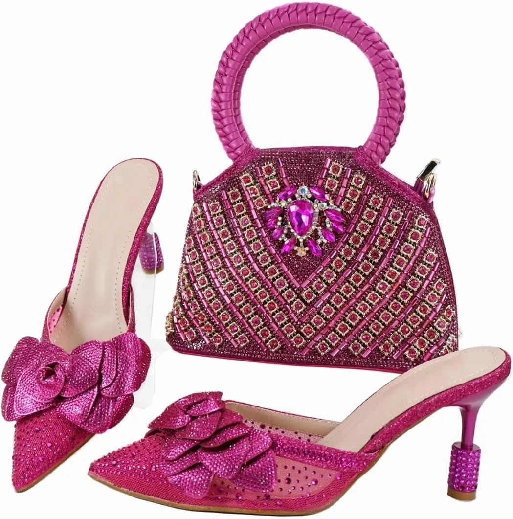 Women’S Crystal Shoes and Bag Set for Party Pointed Toe Super High Heels Slingbacks Pumps