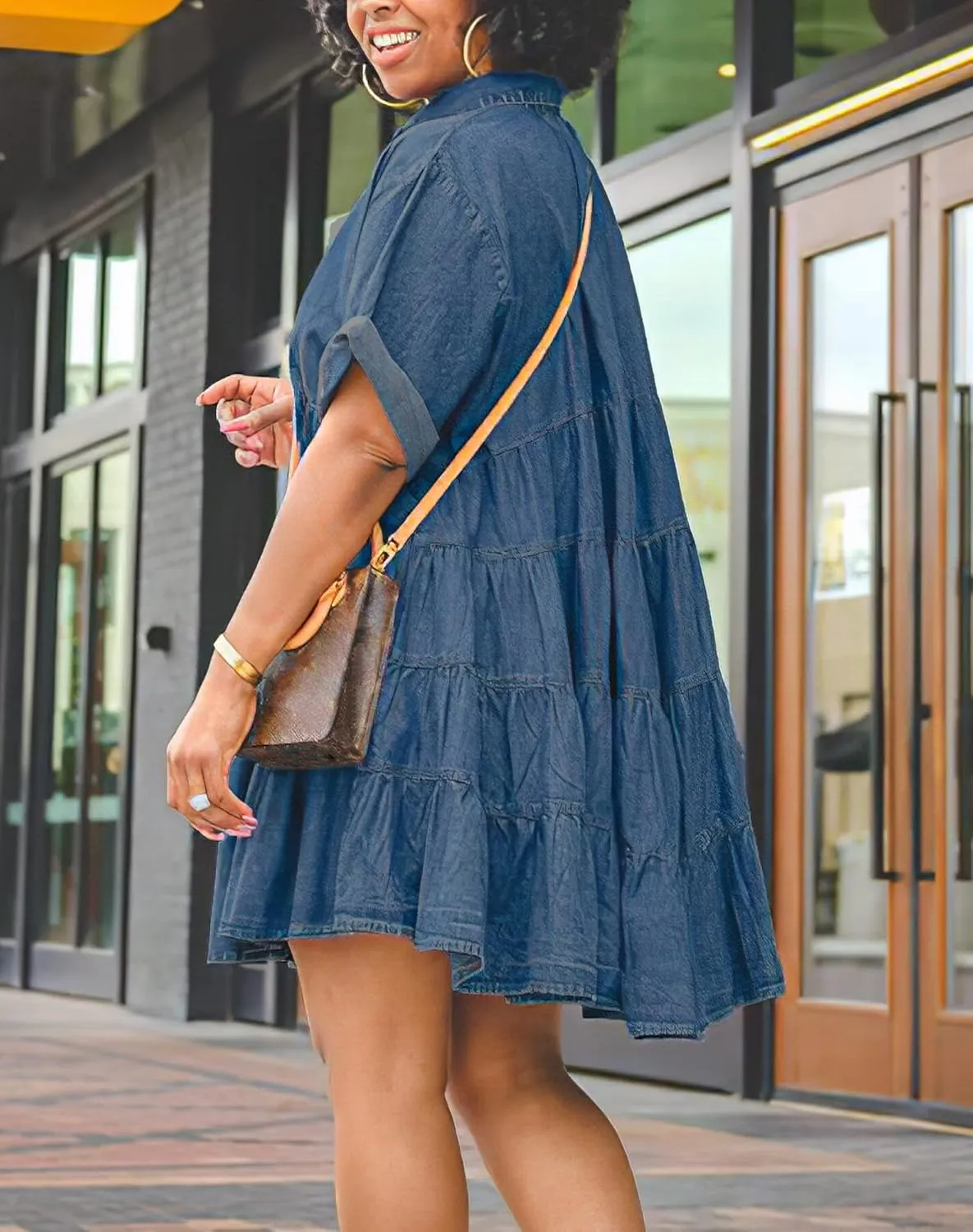 Womens Denim Babydoll Dresses Button Down Tiered Jean Dress