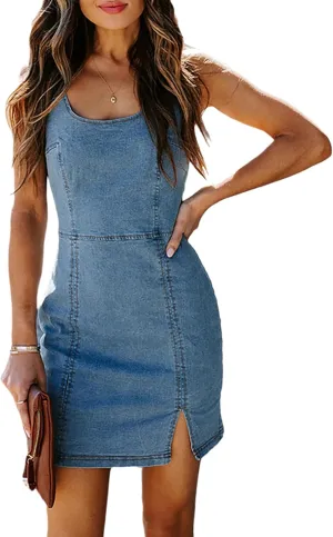 Womens Denim Dress Sexy Sleeveless Split Bodycon Mini Tube Jeans Short Dresses