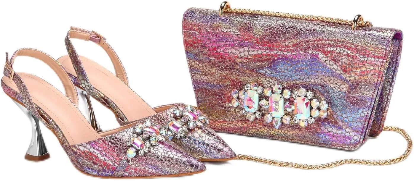 Womens Designer Nigerian Party Shoes and Purse Matching Set with Shinning Rhinestones Wedding High Heels Formal Wear