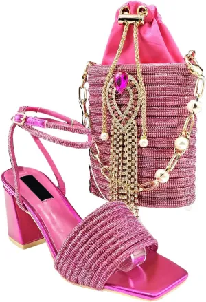 Women’s Designer Rhinestone Decorated Party Shoes and Shoulder Bag Combo Comfortable Heels for Formal Occasions
