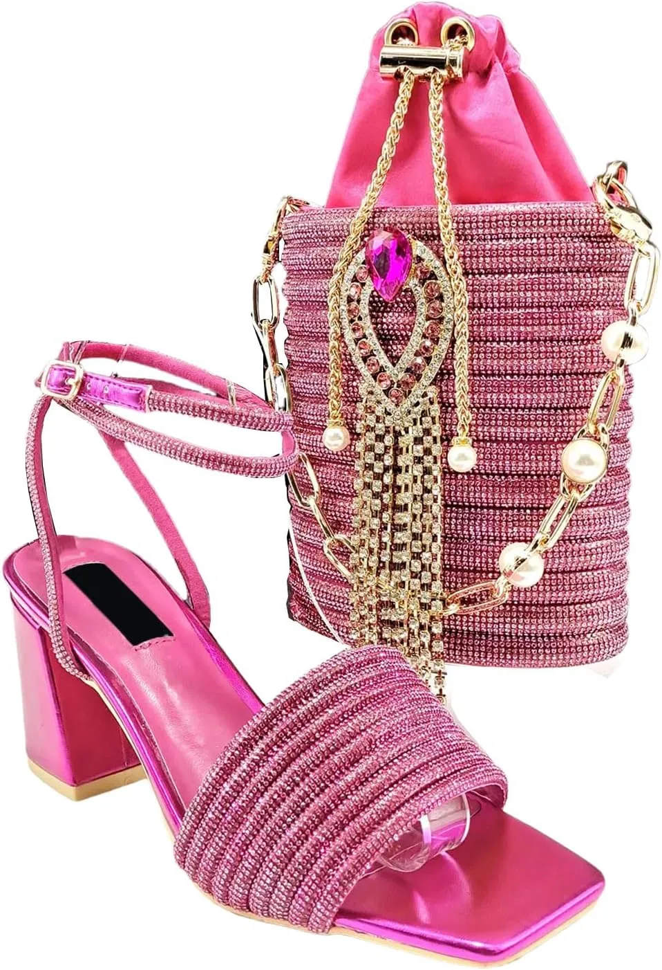 Women’s Designer Rhinestone Decorated Party Shoes and Shoulder Bag Combo Comfortable Heels for Formal Occasions