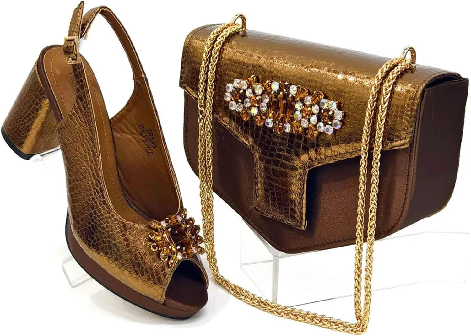 Womens Designer Rhinestone Decorated Party Shoes and Shoulder Bag Set Comfortable High Heels for Special Occasions