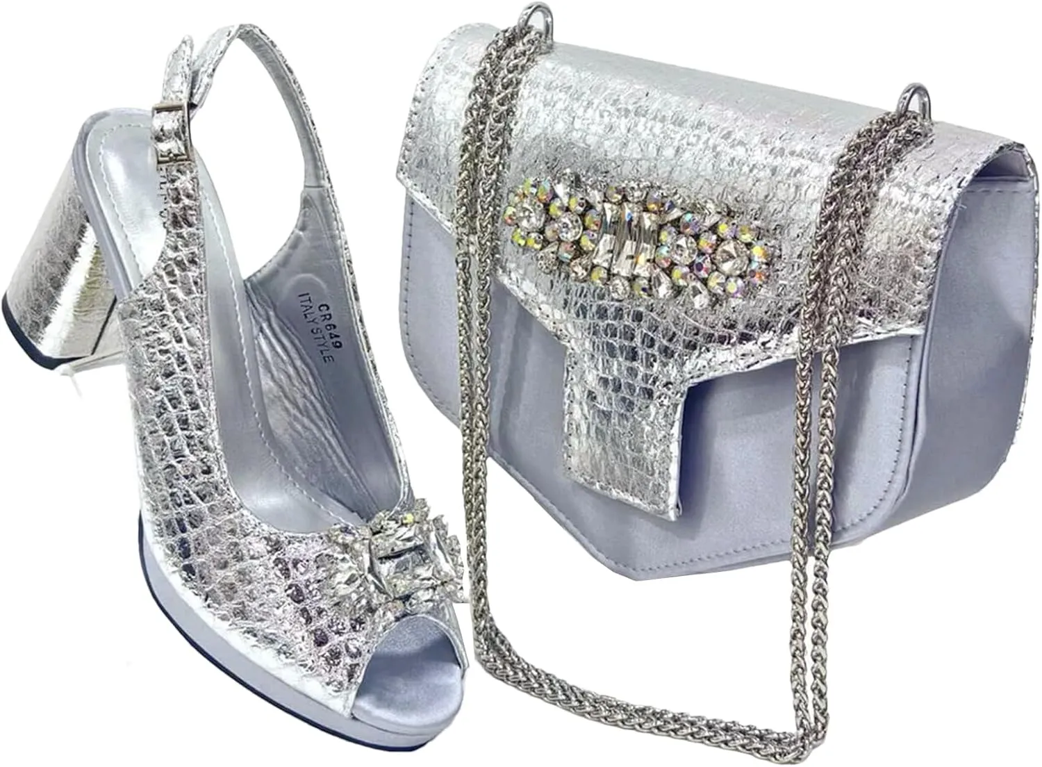 Womens Designer Rhinestone Decorated Party Shoes and Shoulder Bag Set Comfortable High Heels for Special Occasions
