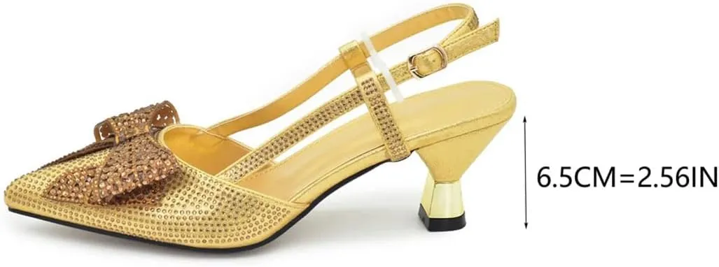 Women’S Elegant Bowknot Shoes and Bag Set Wedding Party Pointed Toe Spike Heel Slingbacks with Matching Handbag