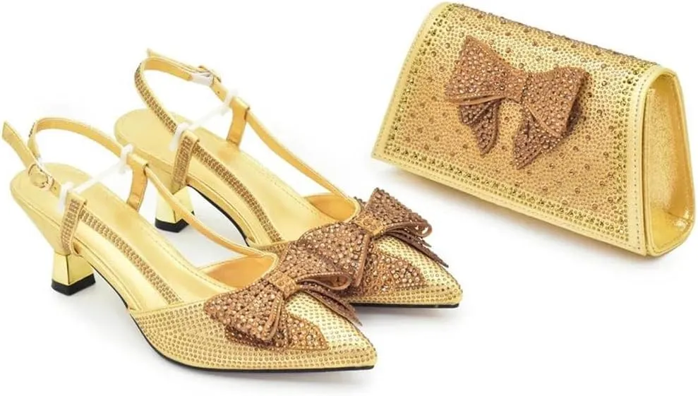 Women’S Elegant Bowknot Shoes and Bag Set Wedding Party Pointed Toe Spike Heel Slingbacks with Matching Handbag