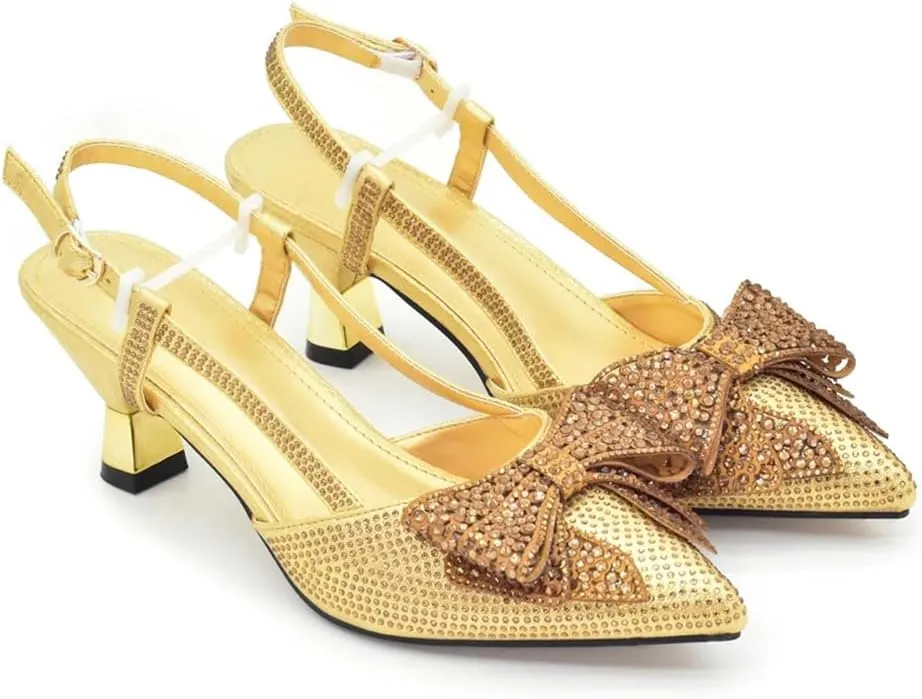 Women’S Elegant Bowknot Shoes and Bag Set Wedding Party Pointed Toe Spike Heel Slingbacks with Matching Handbag