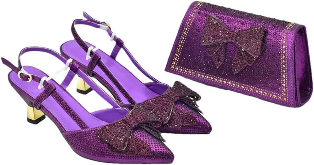Women’S Elegant Bowknot Shoes and Bag Set Wedding Party Pointed Toe Spike Heel Slingbacks with Matching Handbag
