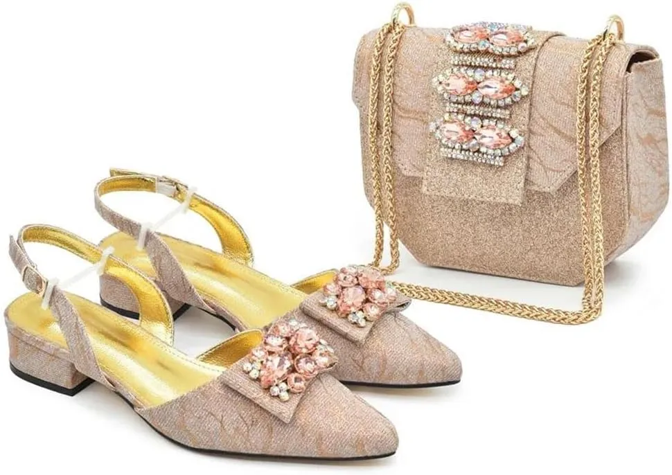 Women’S Elegant Bowtie Party Wedding Shoes and Bag Set Pointed Toe Low Heels Slingbacks Pumps with Handbag