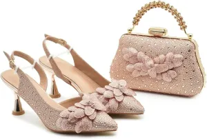 Womens Elegant Rhinestone Pattern Evening Shoes and Matching Purse Combo Luxury Heels for Bridal Party