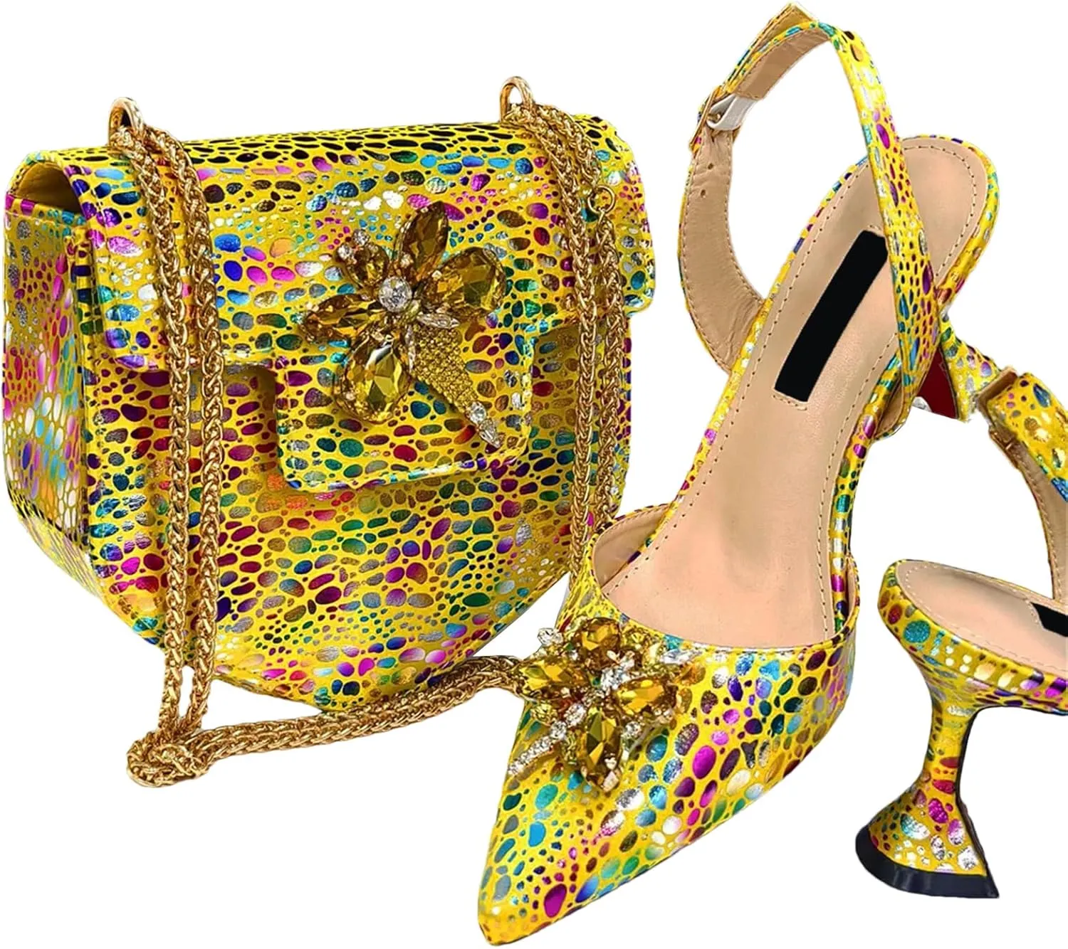 Womens Elegant Rhinestone Pattern Evening Shoes and Matching Shoulder Bag Set Luxury Heels for Bridal Party