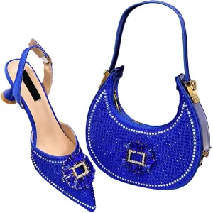 Womens Elegant Rhinestone Pattern Evening Shoes and Purse Combo Pointed Toe High Heels for Bridal Party