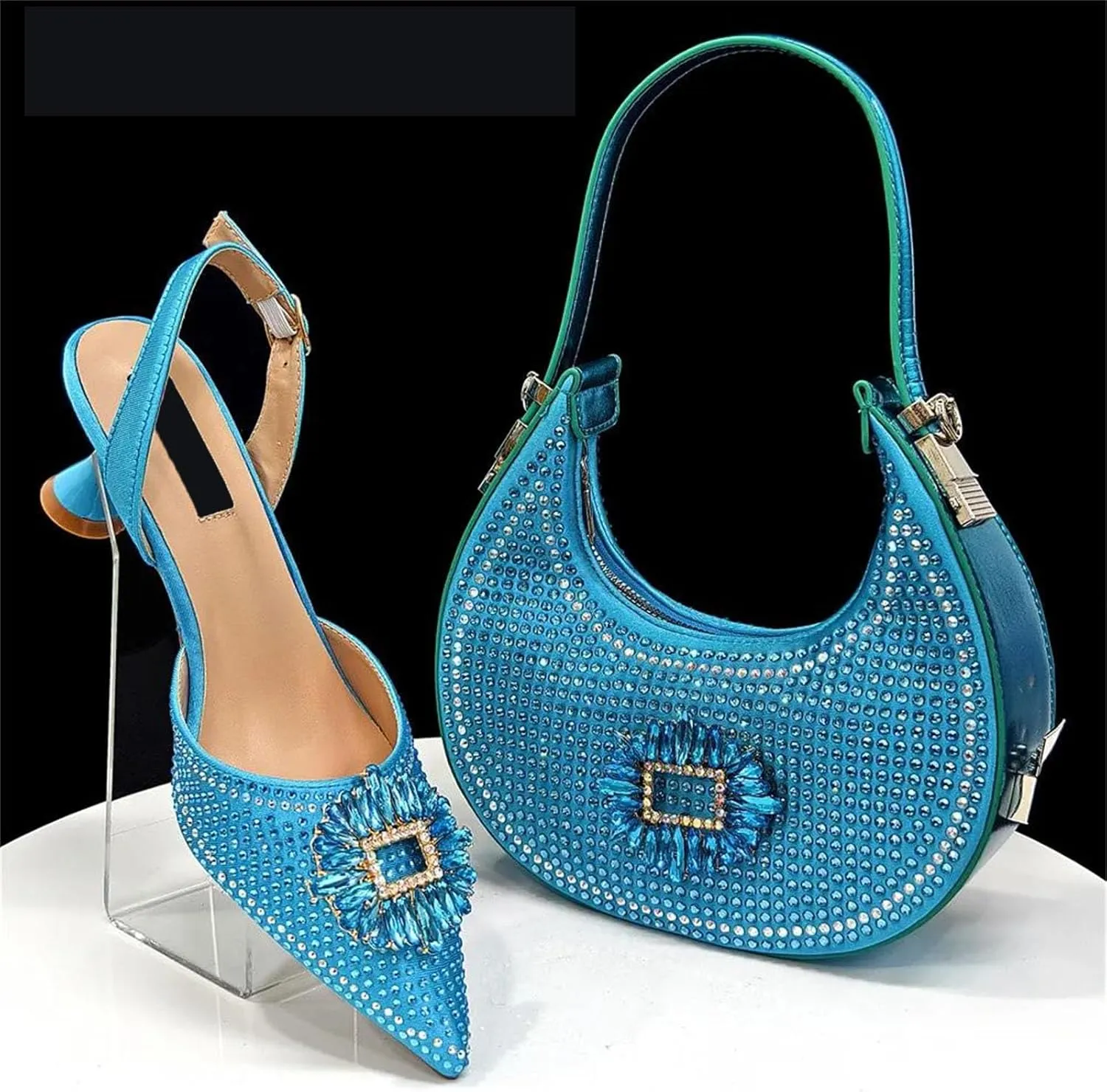 Womens Elegant Rhinestone Pattern Evening Shoes and Purse Combo Pointed Toe High Heels for Bridal Party