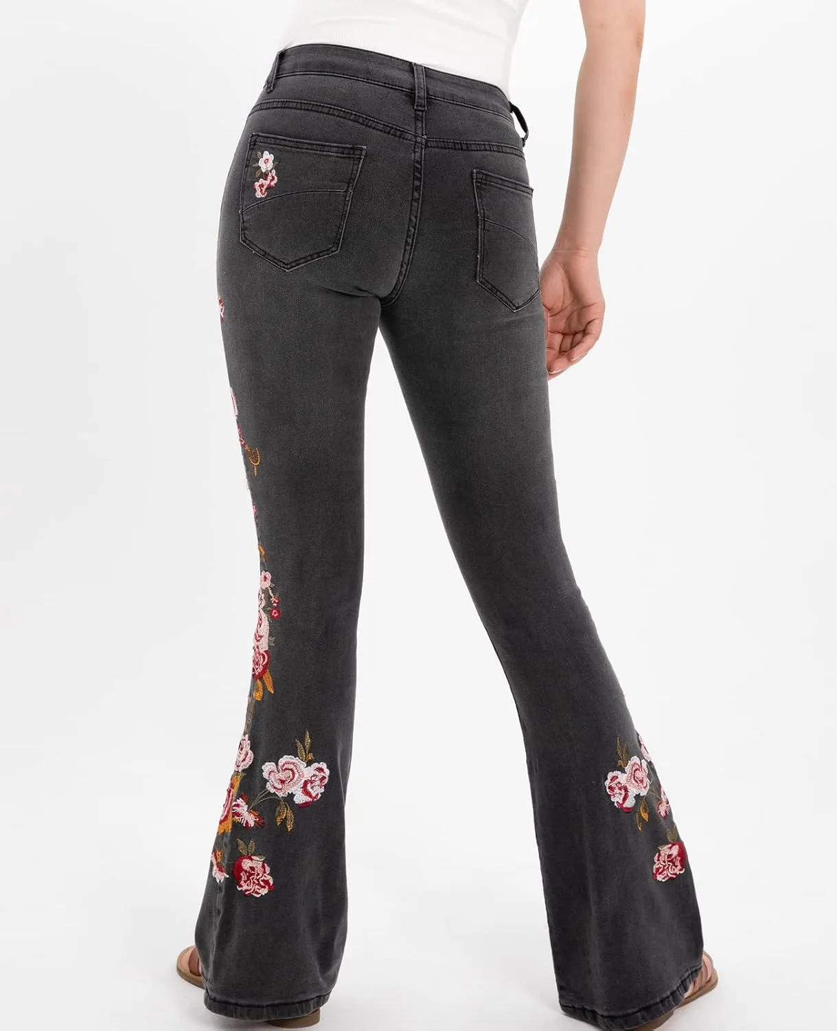 Women's Embroidered Bell Bottom Jeans Stretch Flared Fit Wide Leg Denim Pants