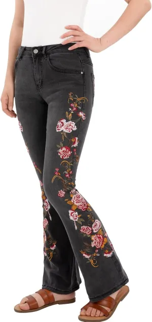 Women's Embroidered Bell Bottom Jeans Stretch Flared Fit Wide Leg Denim Pants