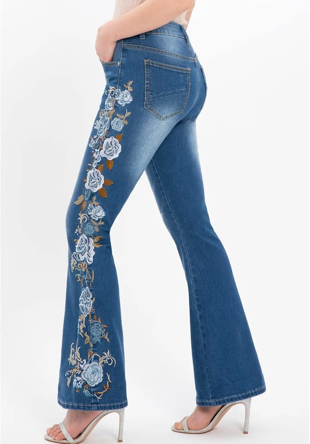 Women's Embroidered Bell Bottom Jeans Stretch Flared Fit Wide Leg Denim Pants