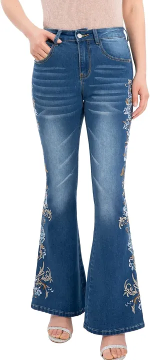Women's Embroidered Bell Bottom Jeans Stretch Flared Fit Wide Leg Denim Pants