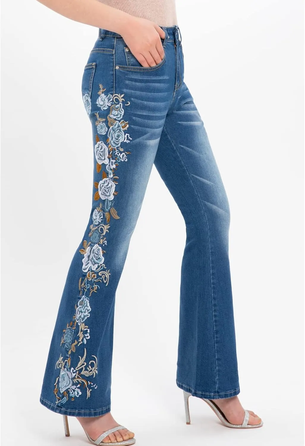 Women's Embroidered Bell Bottom Jeans Stretch Flared Fit Wide Leg Denim Pants