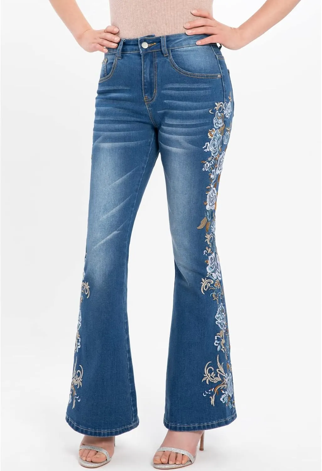 Women's Embroidered Bell Bottom Jeans Stretch Flared Fit Wide Leg Denim Pants