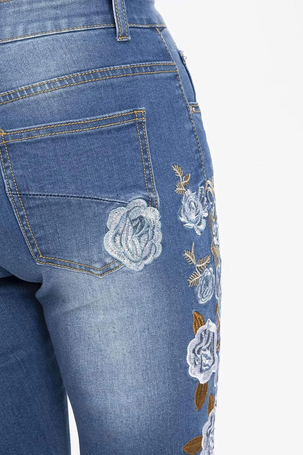 Women's Embroidered Bell Bottom Jeans Stretch Flared Fit Wide Leg Denim Pants