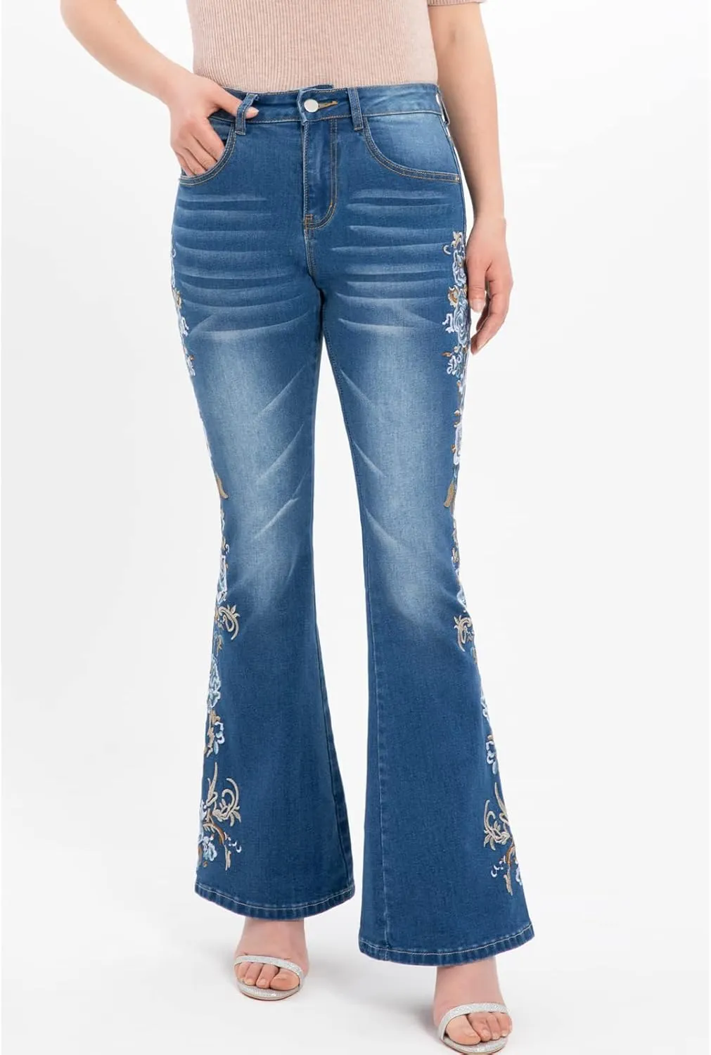 Women's Embroidered Bell Bottom Jeans Stretch Flared Fit Wide Leg Denim Pants