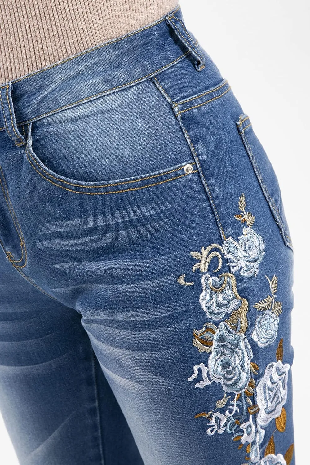 Women's Embroidered Bell Bottom Jeans Stretch Flared Fit Wide Leg Denim Pants