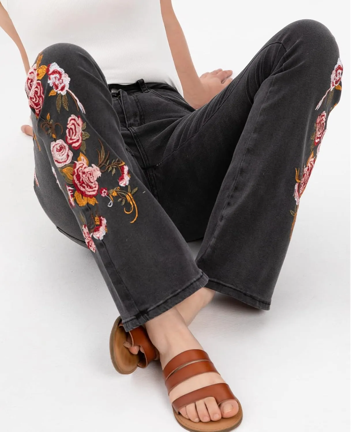 Women's Embroidered Bell Bottom Jeans Stretch Flared Fit Wide Leg Denim Pants