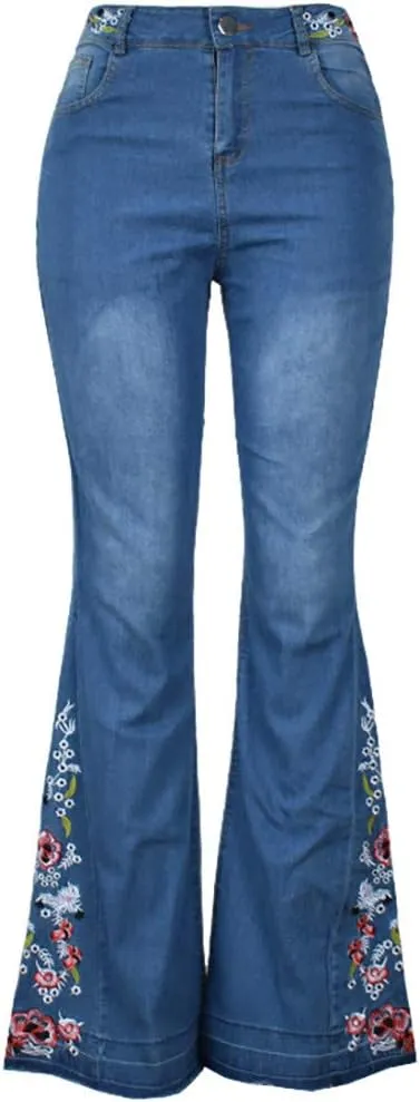 Women's Embroidered Bell Bottom Pants - Bootcut Flare Jeans with Button Fly - 70S Vintage Y2K Style