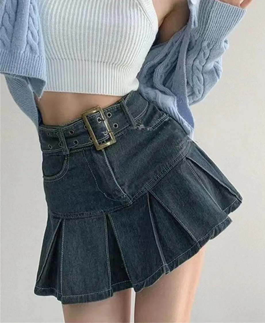 Women's Embroidered Denim Skirt Vintage Pleated Empire Waist Slimming Mini Skirt Spring Summer