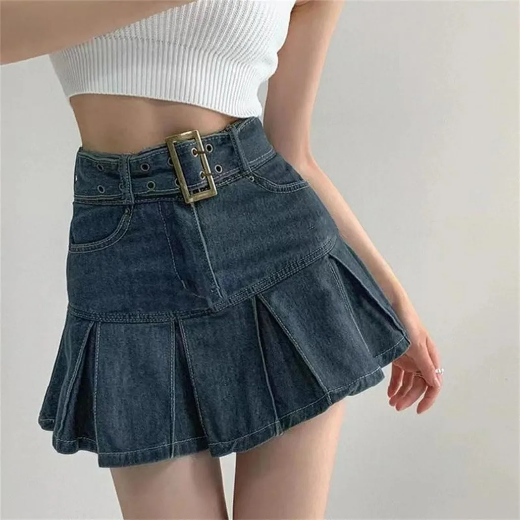 Women's Embroidered Denim Skirt Vintage Pleated Empire Waist Slimming Mini Skirt Spring Summer