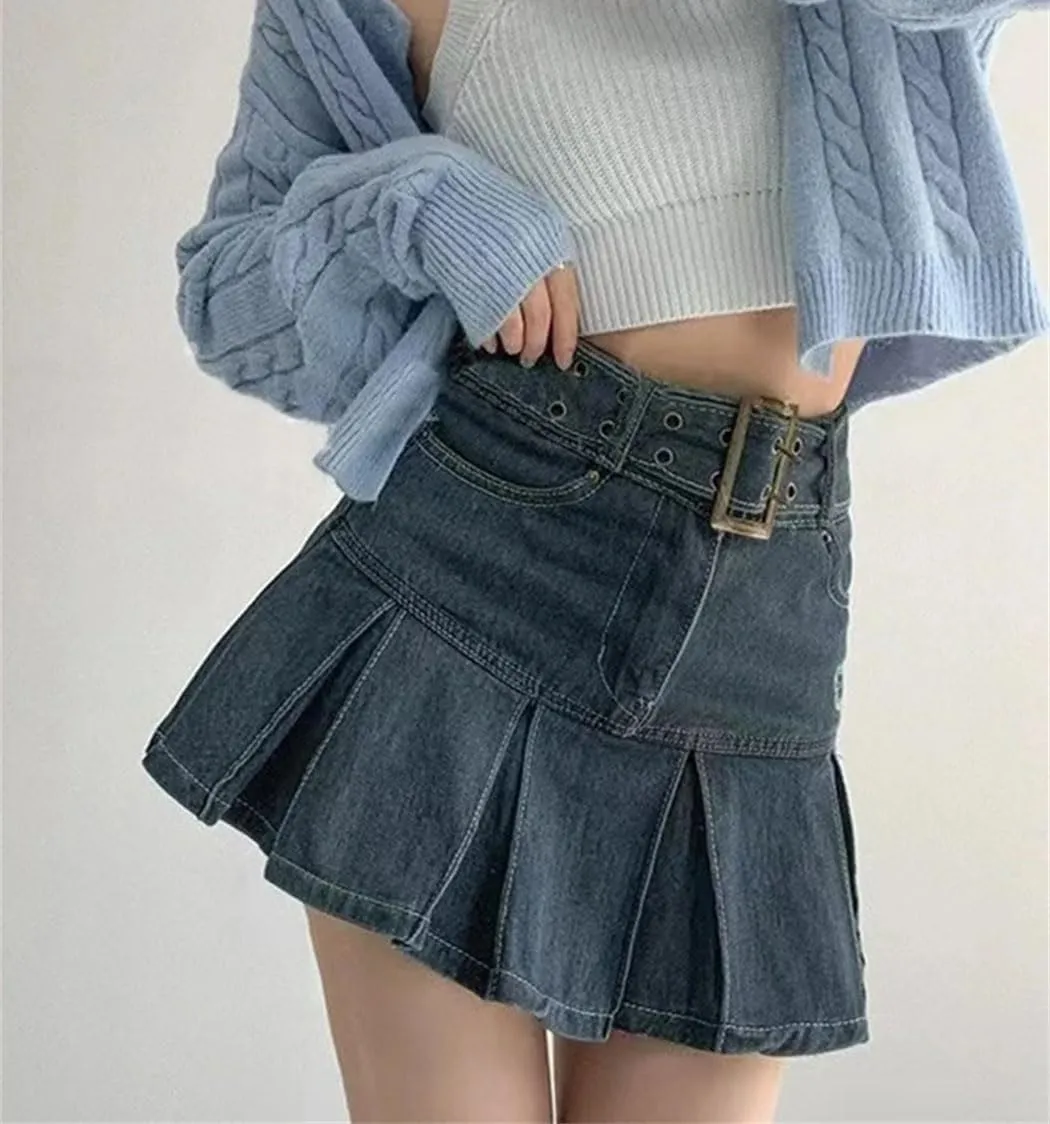 Women's Embroidered Denim Skirt Vintage Pleated Empire Waist Slimming Mini Skirt Spring Summer