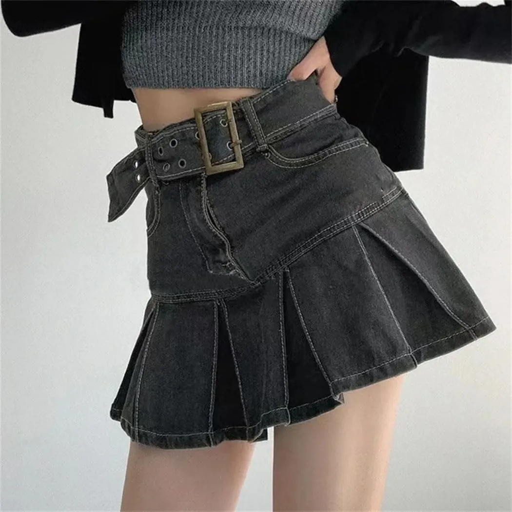 Women's Embroidered Denim Skirt Vintage Pleated Empire Waist Slimming Mini Skirt Spring Summer