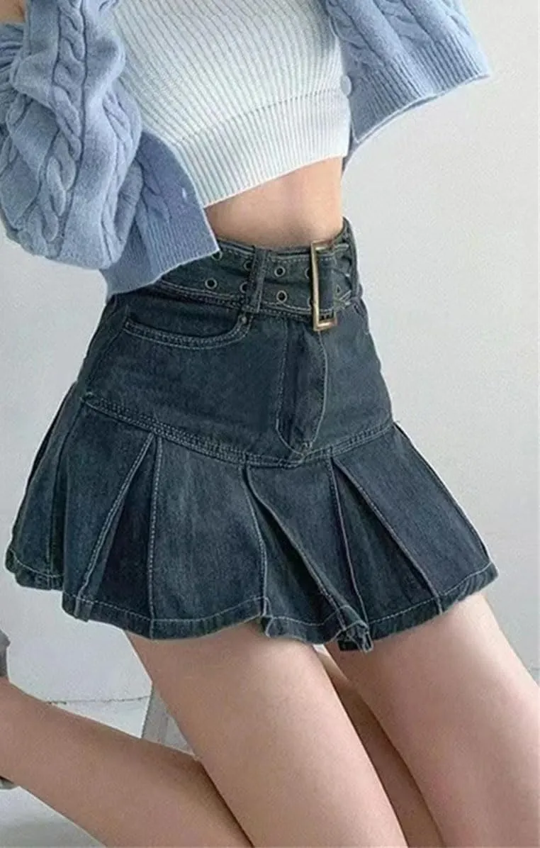 Women's Embroidered Denim Skirt Vintage Pleated Empire Waist Slimming Mini Skirt Spring Summer