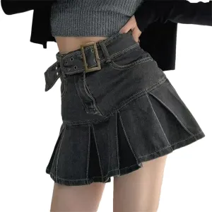 Women's Embroidered Denim Skirt Vintage Pleated Empire Waist Slimming Mini Skirt Spring Summer