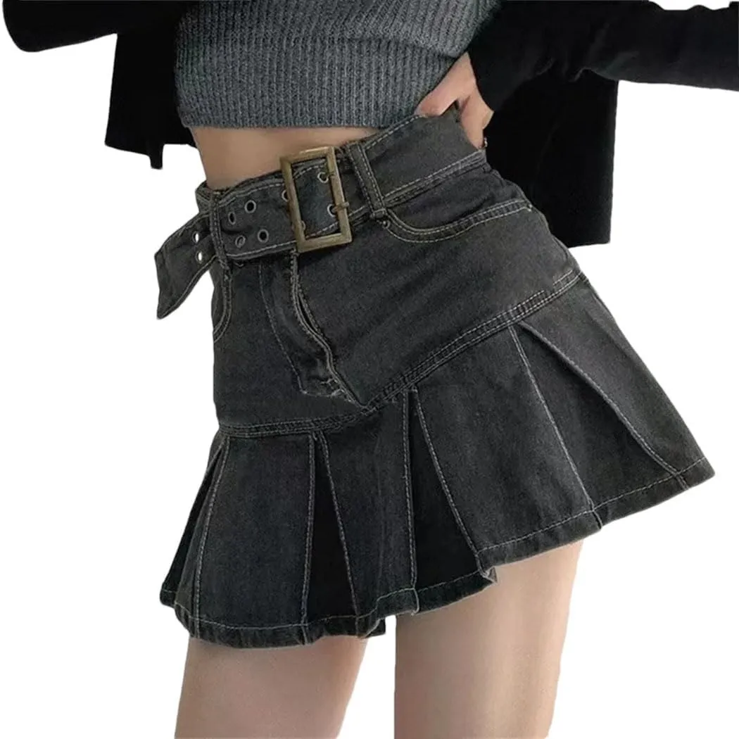 Women's Embroidered Denim Skirt Vintage Pleated Empire Waist Slimming Mini Skirt Spring Summer