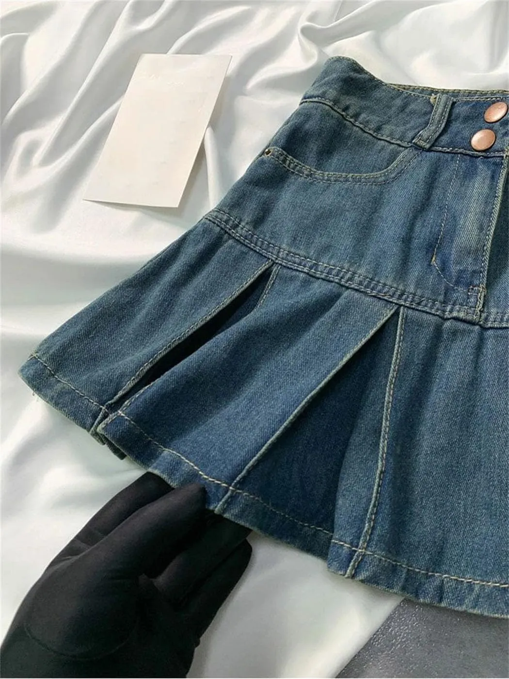 Women's Embroidered Denim Skirt Vintage Pleated Empire Waist Slimming Mini Skirt Spring Summer