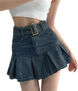 Women's Embroidered Denim Skirt Vintage Pleated Empire Waist Slimming Mini Skirt Spring Summer