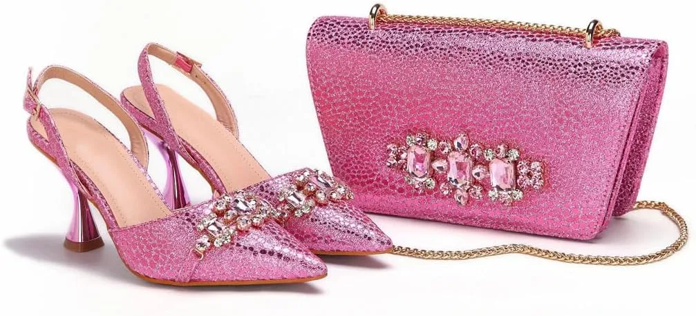 Women’S Embroidery Shoes and Bag Set Pointed Toe Super High Heel Slingbacks for Wedding